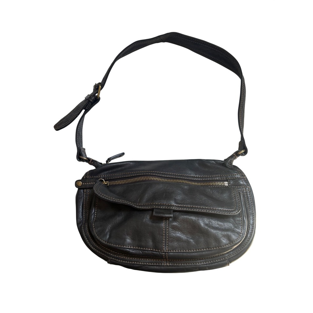 Vtg Fossil Shoulder Bag Women Small Black Leather Brass Hardware Y2K Boho Hobo